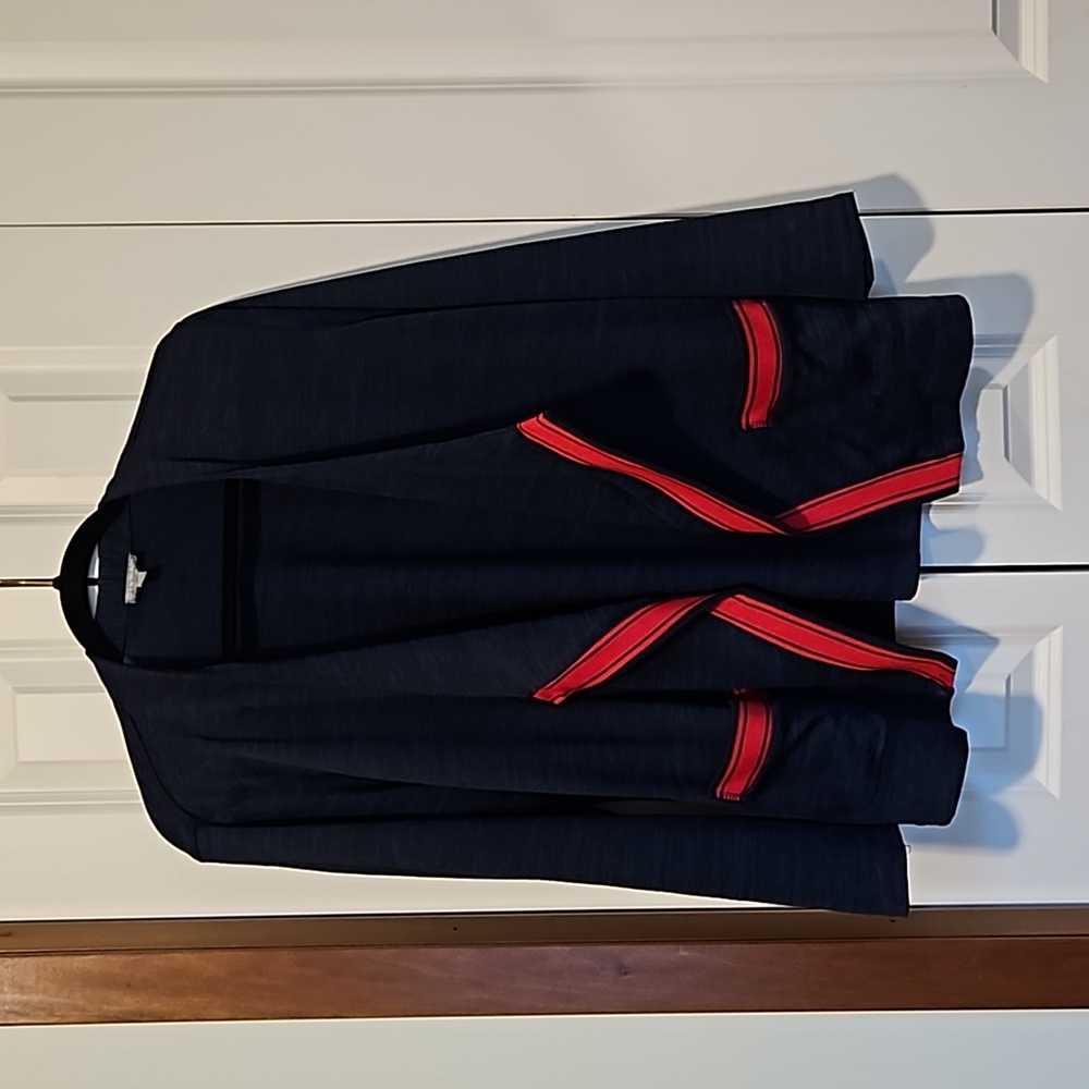 Talbots LP open cardigan sweater blue with red trim
